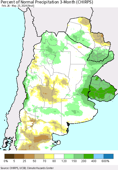 Southern South America Percent of Normal Precipitation 3-Month (CHIRPS) Thematic Map For 2/26/2024 - 5/25/2024