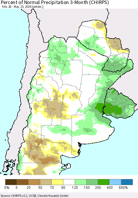 Southern South America Percent of Normal Precipitation 3-Month (CHIRPS) Thematic Map For 2/26/2024 - 5/25/2024