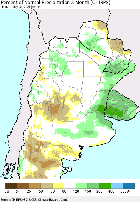 Southern South America Percent of Normal Precipitation 3-Month (CHIRPS) Thematic Map For 3/1/2024 - 5/31/2024