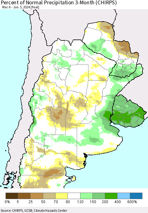 Southern South America Percent of Normal Precipitation 3-Month (CHIRPS) Thematic Map For 3/6/2024 - 6/5/2024