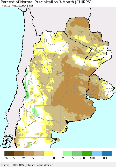 Southern South America Percent of Normal Precipitation 3-Month (CHIRPS) Thematic Map For 5/11/2024 - 8/10/2024