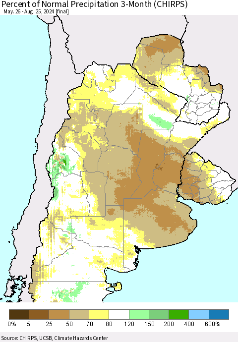 Southern South America Percent of Normal Precipitation 3-Month (CHIRPS) Thematic Map For 5/26/2024 - 8/25/2024