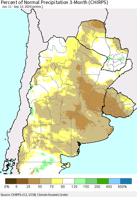 Southern South America Percent of Normal Precipitation 3-Month (CHIRPS) Thematic Map For 6/11/2024 - 9/10/2024
