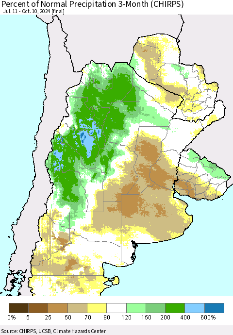 Southern South America Percent of Normal Precipitation 3-Month (CHIRPS) Thematic Map For 7/11/2024 - 10/10/2024