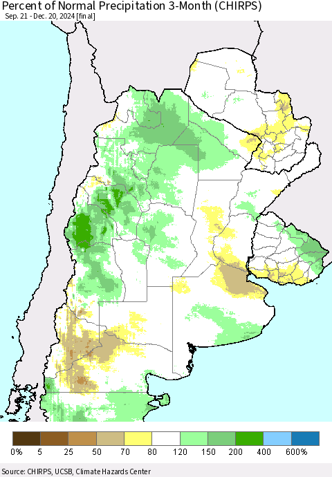 Southern South America Percent of Normal Precipitation 3-Month (CHIRPS) Thematic Map For 9/21/2024 - 12/20/2024
