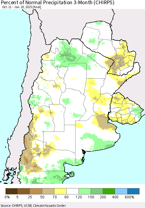 Southern South America Percent of Normal Precipitation 3-Month (CHIRPS) Thematic Map For 10/11/2024 - 1/10/2025