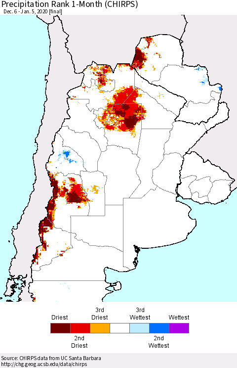Southern South America Precipitation Rank since 1981, 1-Month (CHIRPS) Thematic Map For 12/6/2019 - 1/5/2020