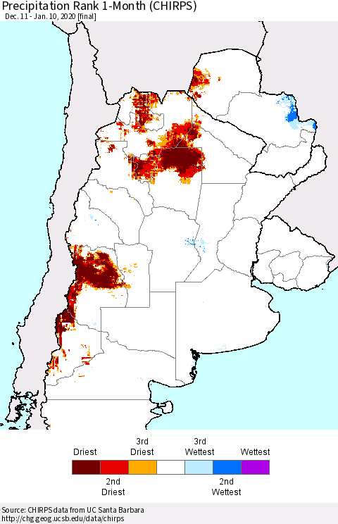 Southern South America Precipitation Rank since 1981, 1-Month (CHIRPS) Thematic Map For 12/11/2019 - 1/10/2020