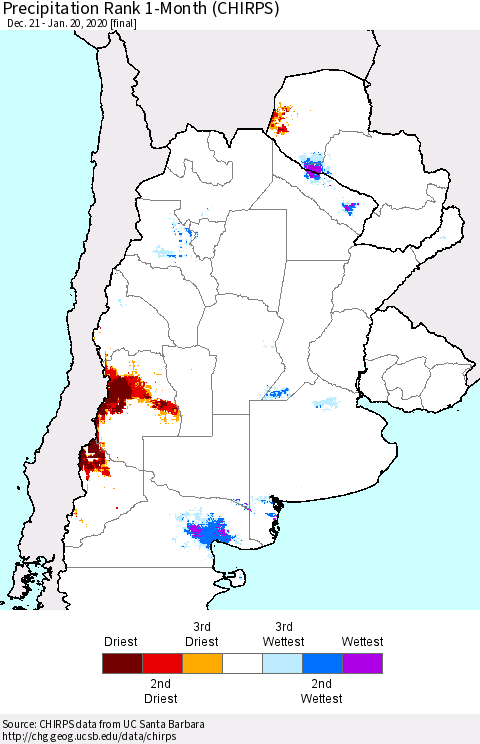 Southern South America Precipitation Rank since 1981, 1-Month (CHIRPS) Thematic Map For 12/21/2019 - 1/20/2020