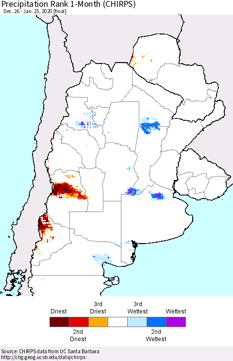 Southern South America Precipitation Rank since 1981, 1-Month (CHIRPS) Thematic Map For 12/26/2019 - 1/25/2020