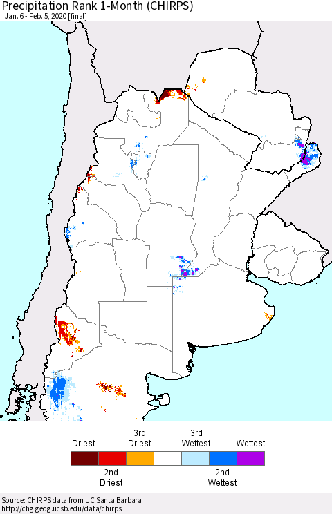 Southern South America Precipitation Rank since 1981, 1-Month (CHIRPS) Thematic Map For 1/6/2020 - 2/5/2020