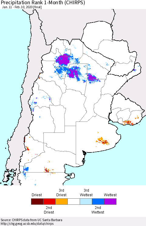 Southern South America Precipitation Rank since 1981, 1-Month (CHIRPS) Thematic Map For 1/11/2020 - 2/10/2020