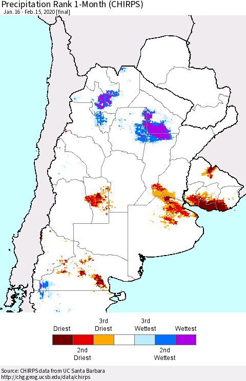 Southern South America Precipitation Rank since 1981, 1-Month (CHIRPS) Thematic Map For 1/16/2020 - 2/15/2020