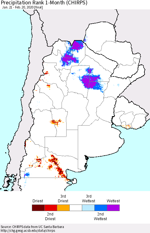 Southern South America Precipitation Rank since 1981, 1-Month (CHIRPS) Thematic Map For 1/21/2020 - 2/20/2020