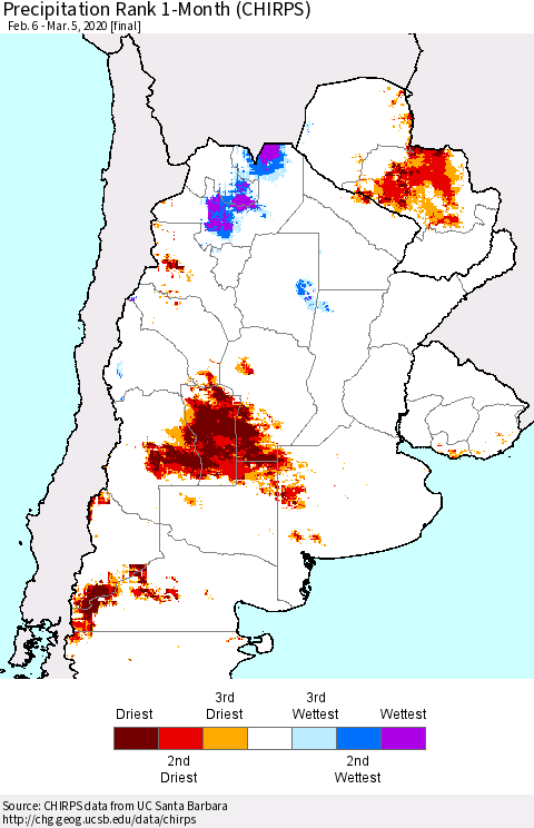 Southern South America Precipitation Rank since 1981, 1-Month (CHIRPS) Thematic Map For 2/6/2020 - 3/5/2020