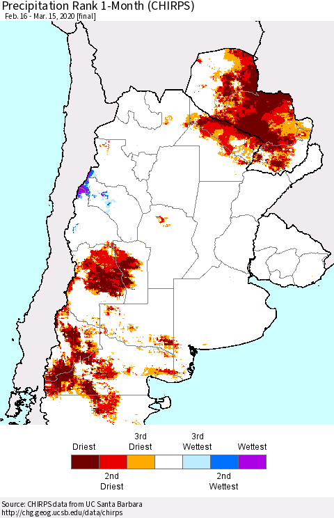Southern South America Precipitation Rank since 1981, 1-Month (CHIRPS) Thematic Map For 2/16/2020 - 3/15/2020