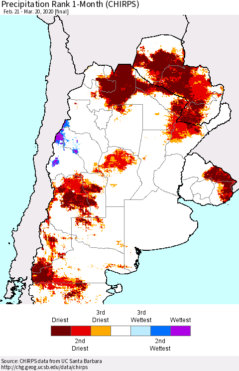 Southern South America Precipitation Rank since 1981, 1-Month (CHIRPS) Thematic Map For 2/21/2020 - 3/20/2020