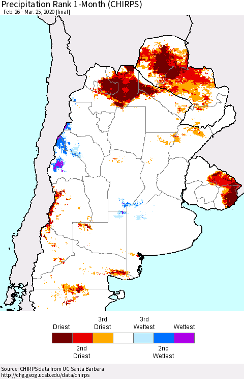 Southern South America Precipitation Rank since 1981, 1-Month (CHIRPS) Thematic Map For 2/26/2020 - 3/25/2020