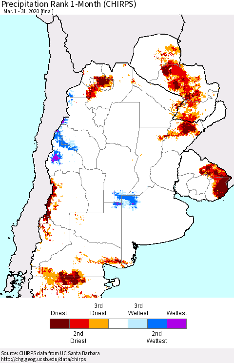 Southern South America Precipitation Rank since 1981, 1-Month (CHIRPS) Thematic Map For 3/1/2020 - 3/31/2020