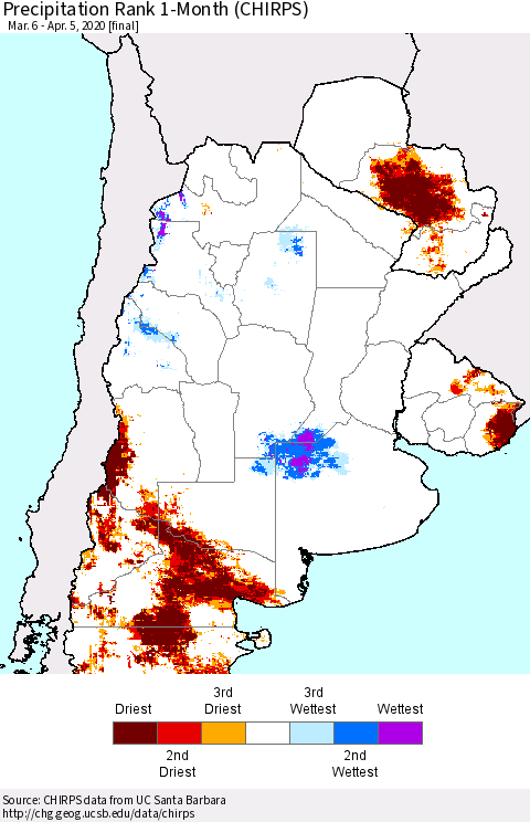 Southern South America Precipitation Rank since 1981, 1-Month (CHIRPS) Thematic Map For 3/6/2020 - 4/5/2020