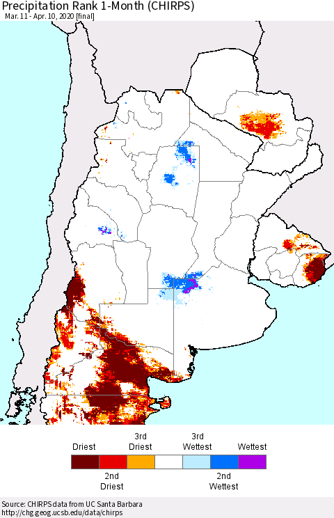 Southern South America Precipitation Rank since 1981, 1-Month (CHIRPS) Thematic Map For 3/11/2020 - 4/10/2020