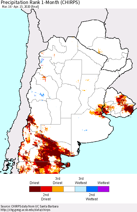 Southern South America Precipitation Rank since 1981, 1-Month (CHIRPS) Thematic Map For 3/16/2020 - 4/15/2020
