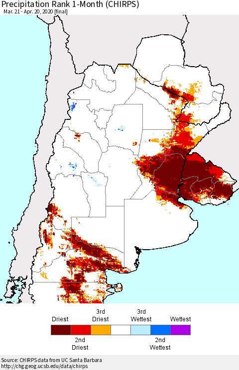 Southern South America Precipitation Rank since 1981, 1-Month (CHIRPS) Thematic Map For 3/21/2020 - 4/20/2020
