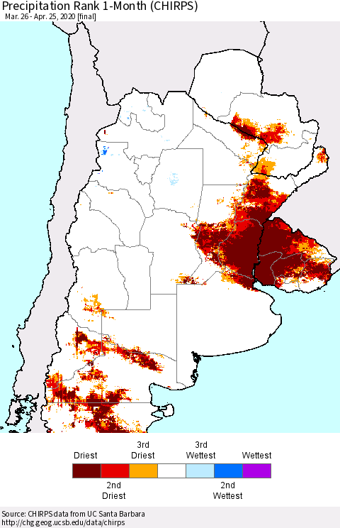 Southern South America Precipitation Rank since 1981, 1-Month (CHIRPS) Thematic Map For 3/26/2020 - 4/25/2020