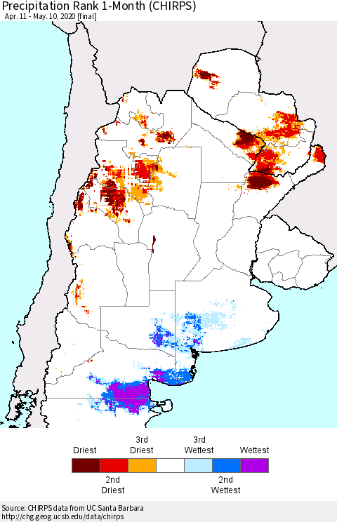 Southern South America Precipitation Rank since 1981, 1-Month (CHIRPS) Thematic Map For 4/11/2020 - 5/10/2020