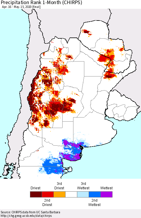 Southern South America Precipitation Rank since 1981, 1-Month (CHIRPS) Thematic Map For 4/16/2020 - 5/15/2020