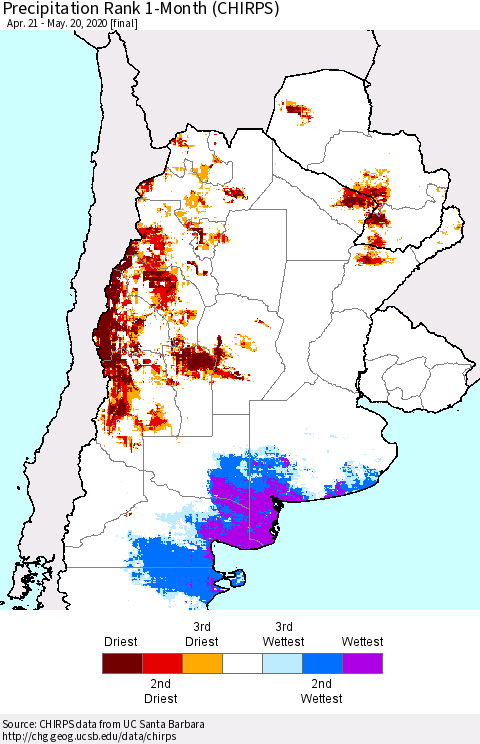 Southern South America Precipitation Rank since 1981, 1-Month (CHIRPS) Thematic Map For 4/21/2020 - 5/20/2020