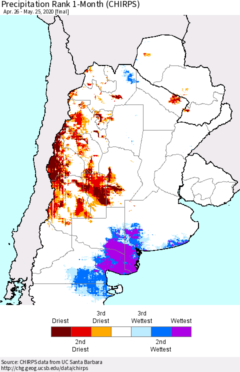 Southern South America Precipitation Rank since 1981, 1-Month (CHIRPS) Thematic Map For 4/26/2020 - 5/25/2020