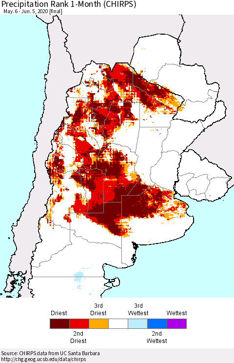 Southern South America Precipitation Rank since 1981, 1-Month (CHIRPS) Thematic Map For 5/6/2020 - 6/5/2020