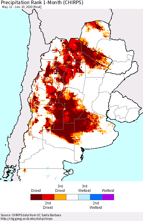 Southern South America Precipitation Rank since 1981, 1-Month (CHIRPS) Thematic Map For 5/11/2020 - 6/10/2020