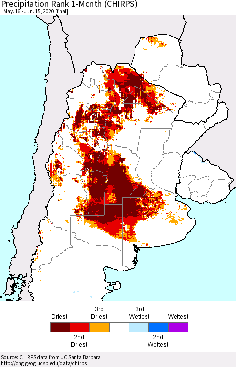 Southern South America Precipitation Rank since 1981, 1-Month (CHIRPS) Thematic Map For 5/16/2020 - 6/15/2020