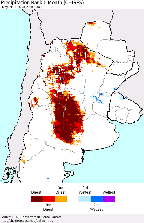 Southern South America Precipitation Rank since 1981, 1-Month (CHIRPS) Thematic Map For 5/21/2020 - 6/20/2020