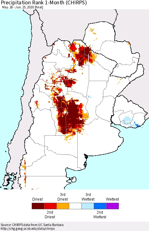 Southern South America Precipitation Rank since 1981, 1-Month (CHIRPS) Thematic Map For 5/26/2020 - 6/25/2020