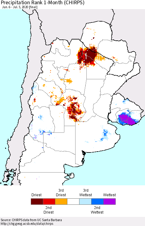 Southern South America Precipitation Rank since 1981, 1-Month (CHIRPS) Thematic Map For 6/6/2020 - 7/5/2020