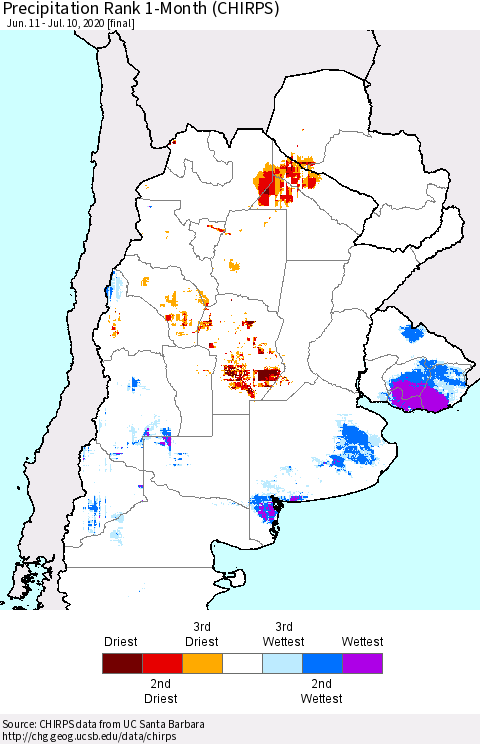 Southern South America Precipitation Rank since 1981, 1-Month (CHIRPS) Thematic Map For 6/11/2020 - 7/10/2020