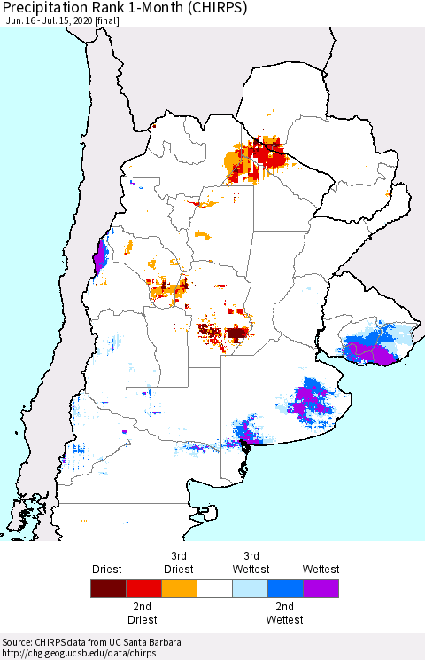 Southern South America Precipitation Rank since 1981, 1-Month (CHIRPS) Thematic Map For 6/16/2020 - 7/15/2020