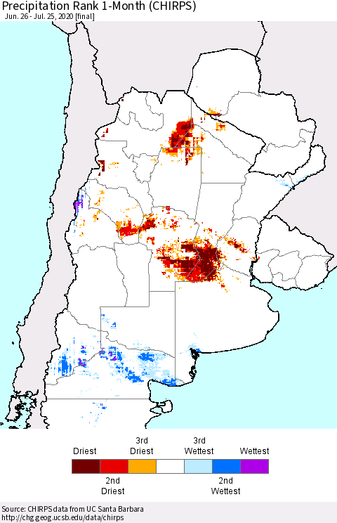 Southern South America Precipitation Rank since 1981, 1-Month (CHIRPS) Thematic Map For 6/26/2020 - 7/25/2020