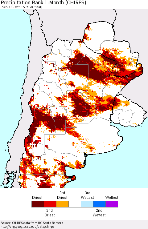 Southern South America Precipitation Rank since 1981, 1-Month (CHIRPS) Thematic Map For 9/16/2020 - 10/15/2020