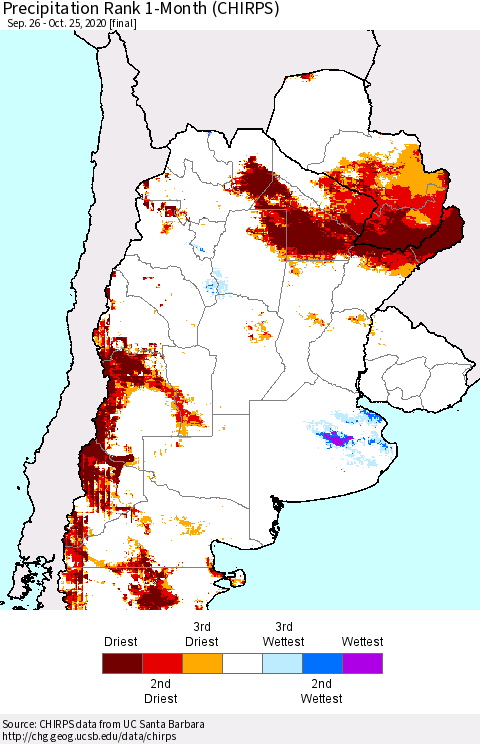 Southern South America Precipitation Rank since 1981, 1-Month (CHIRPS) Thematic Map For 9/26/2020 - 10/25/2020