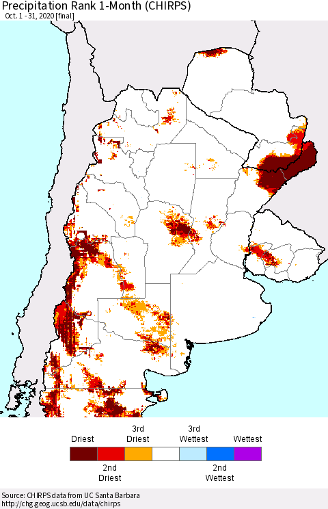 Southern South America Precipitation Rank since 1981, 1-Month (CHIRPS) Thematic Map For 10/1/2020 - 10/31/2020