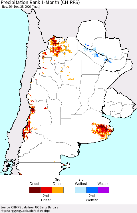 Southern South America Precipitation Rank since 1981, 1-Month (CHIRPS) Thematic Map For 11/26/2020 - 12/25/2020