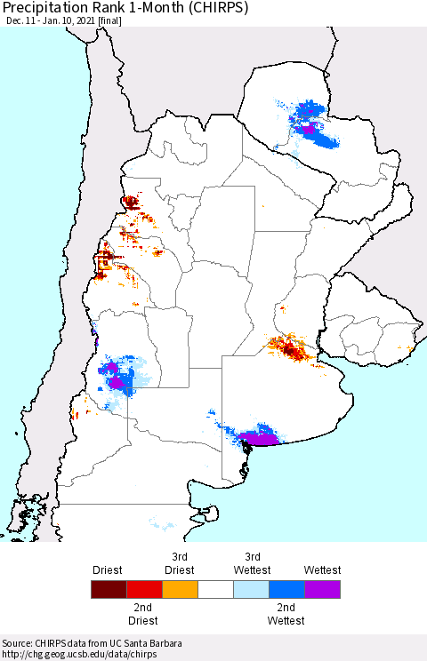 Southern South America Precipitation Rank since 1981, 1-Month (CHIRPS) Thematic Map For 12/11/2020 - 1/10/2021