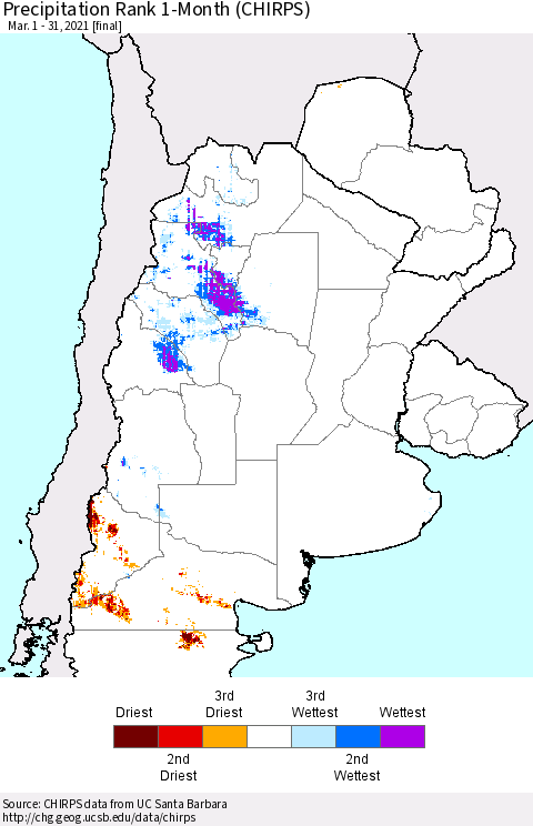 Southern South America Precipitation Rank since 1981, 1-Month (CHIRPS) Thematic Map For 3/1/2021 - 3/31/2021