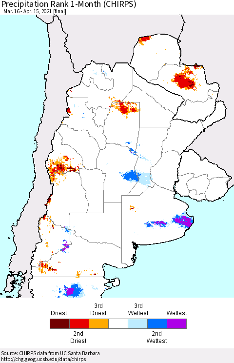 Southern South America Precipitation Rank since 1981, 1-Month (CHIRPS) Thematic Map For 3/16/2021 - 4/15/2021