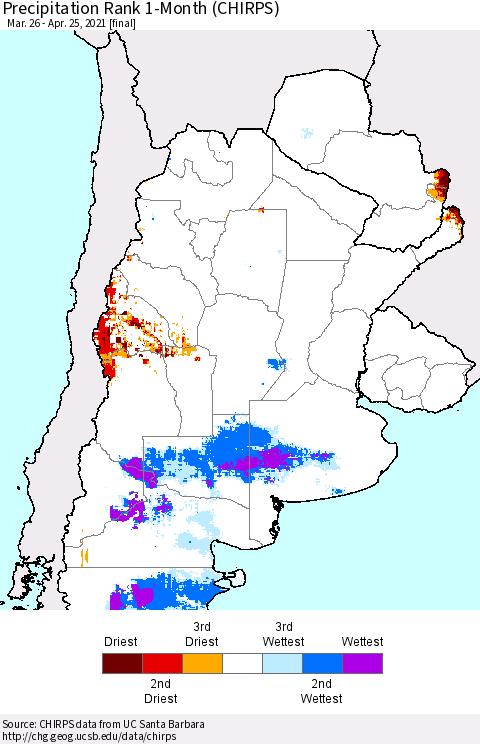 Southern South America Precipitation Rank since 1981, 1-Month (CHIRPS) Thematic Map For 3/26/2021 - 4/25/2021