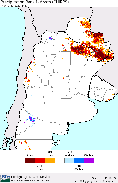 Southern South America Precipitation Rank since 1981, 1-Month (CHIRPS) Thematic Map For 5/1/2021 - 5/31/2021
